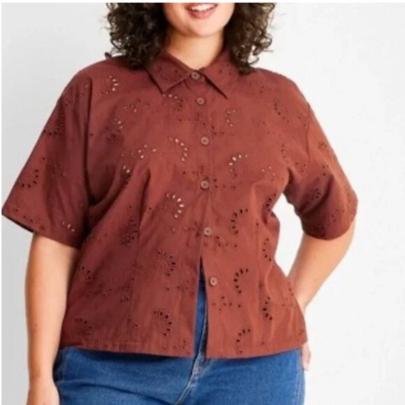 NWOT Future Collective Reese Blutstein Rust Eyelet Boxy Top Cottage Boho Western - Picture 1 of 9